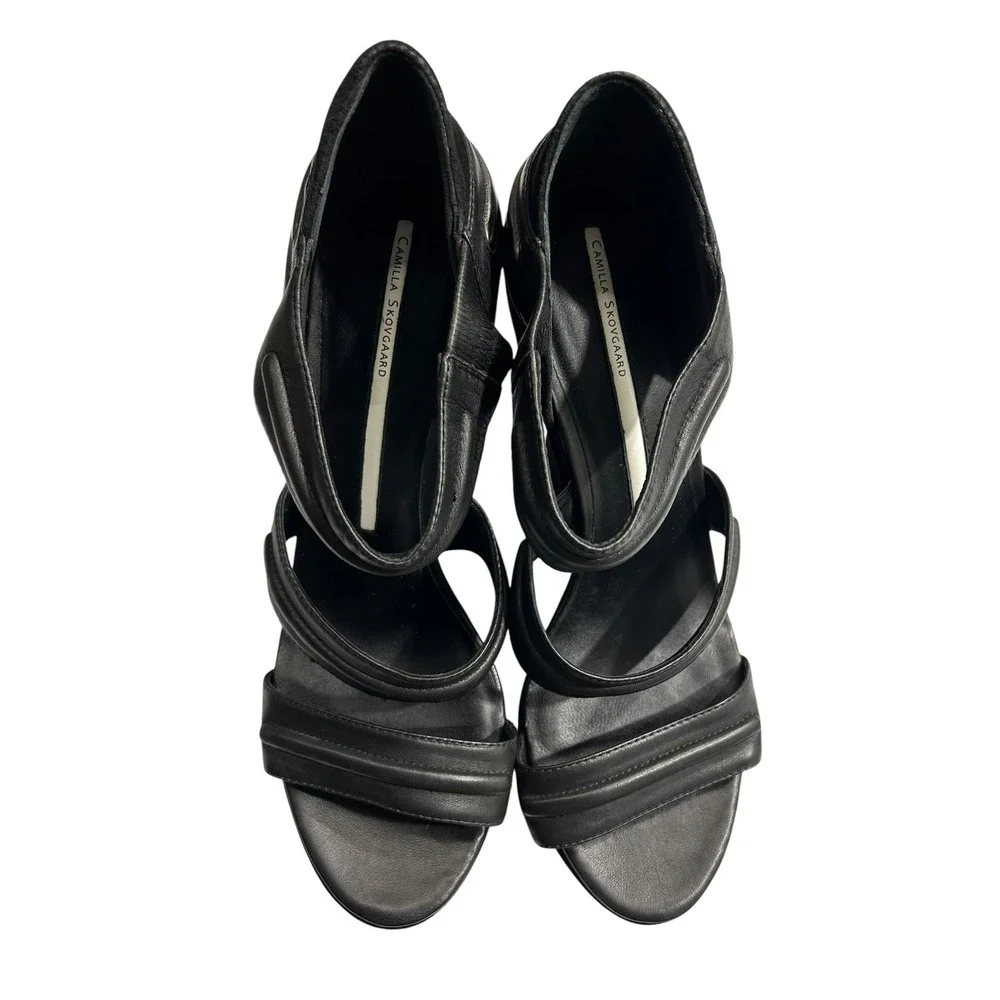 Camilla Skovgaard Black Leather Suede Architectural Wedge Sandals Size‎ 41 club